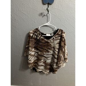 Alfred Dunner Womens Brown Tan V Neck Pullover Blouse  Size 12